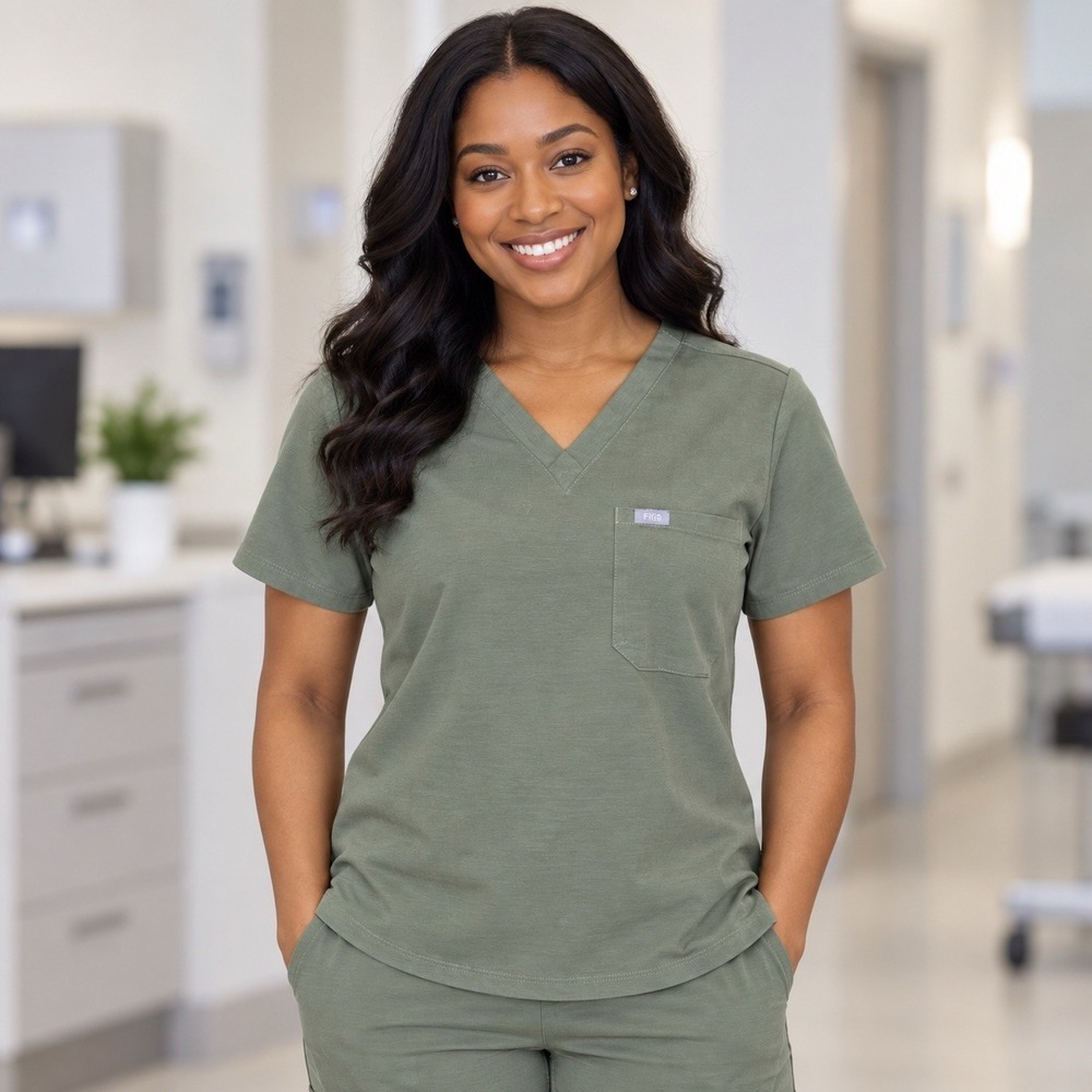 FIGS Catarina Scrub Top Women's Large Olive Green V-Neck 1 Pocket Medical Nurse